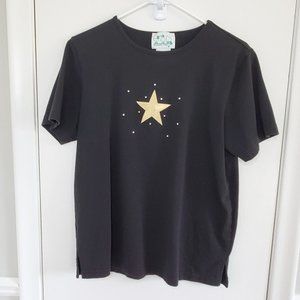 Quacker Factory Women's Medium Embroidered Star Short Sleeve T-Shirt Top Black